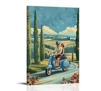 ZLLJXFZZ Poster con paesaggio di una coppia che guida uno scooter sulla strada, decorazione artistica da parete, decorazione moderna, poster artistico da appendere, 50 x 75 cm