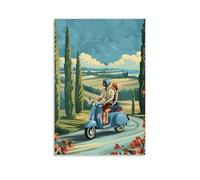 ZLLJXFZZ Poster con paesaggio di una coppia che guida uno scooter sulla strada, decorazione artistica da parete, decorazione moderna, poster artistico da appendere, 50 x 75 cm