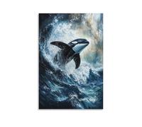 ZLLJXFZZ Poster con pittura ad olio con animali in tempesta e orca che violano l'oceano, decorazione artistica da parete, decorazione moderna, poster artistico da appendere, 60 x 90 cm