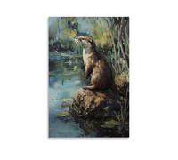ZLLJXFZZ Poster con pittura ad olio con animali lontre sulla riva del fiume impressionista, decorazione moderna da appendere, poster artistico da appendere, 60 x 90 cm