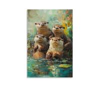ZLLJXFZZ Poster con pittura ad olio con animali lontre sulla riva del fiume impressionista, decorazione moderna da appendere, poster artistico da appendere, 20 x 30 cm