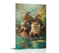 ZLLJXFZZ Poster con pittura ad olio con animali lontre sulla riva del fiume impressionista, decorazione moderna da appendere, poster artistico da appendere, 20 x 30 cm