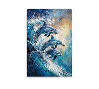 ZLLJXFZZ Poster con pittura ad olio con delfini giocosi nei mari impressionisti, decorazione artistica da parete, decorazione moderna da appendere, 30 x 45 cm
