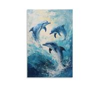 ZLLJXFZZ Poster con pittura ad olio con delfini giocosi nei mari impressionisti, decorazione artistica da parete, decorazione moderna da appendere, 50 x 75 cm