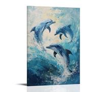 ZLLJXFZZ Poster con pittura ad olio con delfini giocosi nei mari impressionisti, decorazione artistica da parete, decorazione moderna da appendere, 30 x 45 cm