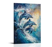 ZLLJXFZZ Poster con pittura ad olio con delfini giocosi nei mari impressionisti, decorazione artistica da parete, decorazione moderna da appendere, 50 x 75 cm