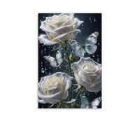 ZLLJXFZZ Poster con tre rose bianche con gocce di pioggia che cadono dal lato della parete, decorazione moderna da appendere, poster artistico da appendere, 50 x 75 cm