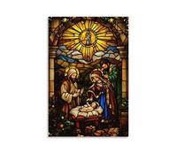 ZLLJXFZZ Poster natalizio con chiesa, presepe in vetro colorato, decorazione moderna da appendere, 20 x 30 cm