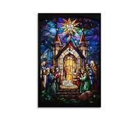 ZLLJXFZZ Poster natalizio con chiesa, presepe in vetro colorato, decorazione moderna da appendere, 30 x 45 cm