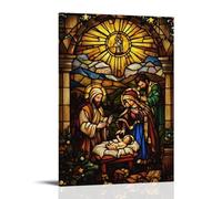 ZLLJXFZZ Poster natalizio con chiesa, presepe in vetro colorato, decorazione moderna da appendere, 40 x 60 cm