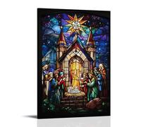 ZLLJXFZZ Poster natalizio con chiesa, presepe in vetro colorato, decorazione moderna da appendere, 40 x 60 cm