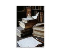 ZLLJXFZZ Una collezione di libri antichi, penne e pergamena sulla scrivania di uno scrittore, decorazione artistica da parete, decorazione moderna da appendere, 50 x 75 cm