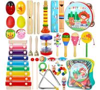 ZLPBAO 34 Pezzi Strumenti Musicali Bambini, Percussioni per Bambini con Zaino, Tamburo Perline Oceaniche, Set Strumenti Musicali Percussioni Giocattolos In Legno, Regali di Natale per Bambini 3+