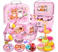 ZLPBAO Servizio da tè per bambini, 50 pezzi, set da tè per bambini, con valigetta per gattini, gioco di ruolo, giocattolo per piccoli servizi da tè con dessert, giochi di ruolo, regalo per ragazze 3