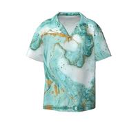 Zltegako Camicia a maniche corte da uomo casual con scollo cubano stampato marmo verde acqua e oro, morbida e traspirante, Marmo verde acqua e oro, L