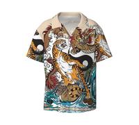 Zltegako Dragon and Tiger - Camicia da uomo a maniche corte, con scollo cubano, casual, morbida e traspirante, Nero , XL