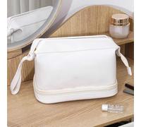 ZLXCAOB Women's Double-layer Makeup Bag Large Capacity Main Bag Lower Makeup Brush Storage Bag with Inner Pocket Cosmetic Organizer Travel Toiletry Bag PU Leather (Bianca)