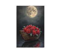 ZlXXYZ Poster artistico da parete su tela per soggiorno, con personaggi di una barca di fiori sotto la luna che racconta poesia attraverso la bellezza silenziosa, arte decorativa, 50 x 75 cm, senza