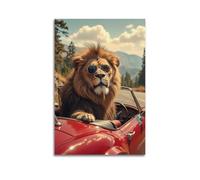 ZlXXYZ Poster artistico da parete su tela per soggiorno - Poster con animali che guida leone con occhiali alla moda, decorazione artistica 40 x 60 cm, senza cornice