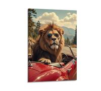 ZlXXYZ Poster artistico da parete su tela per soggiorno - Poster con animali che guida leone con occhiali alla moda, decorazione artistica 30 x 45 cm, con cornice