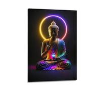 ZlXXYZ Poster artistico da parete su tela per soggiorno, poster con Buddha al neon, con aureola colorata, pittura decorativa alla moda con Buddha, 30 x 45 cm, con cornice