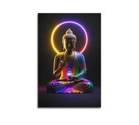 ZlXXYZ Poster artistico da parete su tela per soggiorno, poster con Buddha al neon, poster colorato con aureola, pittura artistica decorativa con Buddha alla moda, 50 x 75 cm, senza cornice
