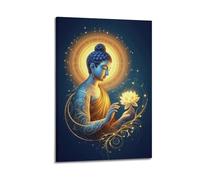 ZlXXYZ Poster su tela da parete per soggiorno, con Buddha luminoso che tiene il loto e aureola dorata, 60 x 90 cm, stile cornice