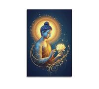 ZlXXYZ Poster su tela da parete per soggiorno, con Buddha luminoso che tiene il loto e aureola dorata, 50 x 75 cm, senza cornice, stile