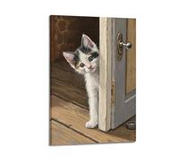 ZlXXYZ Poster su tela da parete per soggiorno, motivo: gattino che sbircia fuori porta, pittura decorativa, 50 x 75 cm, stile cornice