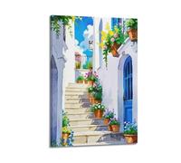 ZlXXYZ Poster su tela da parete per soggiorno, poster con paesaggi di fiori e strade mediterranee, arte decorativa 40 x 60 cm, stile cornice