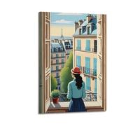 ZlXXYZ Poster su tela da parete per soggiorno, poster con personaggi di Parigi con vista sulla finestra, arte decorativa, 30 x 45 cm, stile cornice