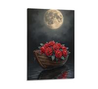 ZlXXYZ Poster su tela da parete per soggiorno, poster con personaggi di una barca fiorita sotto la luna che racconta poesia attraverso la bellezza silenziosa, arte decorativa 50 x 75 cm, stile cornice