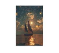 ZLXZPL Poster artistico da parete per ufficio, poster con paesaggio notturno stellato in barca a vela, decorazione da sogno con atmosfera da creatore, 20 x 30 cm, senza cornice