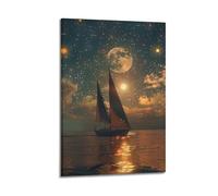 ZLXZPL Poster artistico da parete per ufficio, poster con paesaggio notturno stellato in barca a vela, decorazione da sogno con atmosfera da creatore, 30 x 45 cm, con cornice