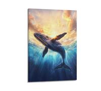 ZLXZPL Poster artistico da parete per ufficio, poster su tela, motivo: balena illuminata dal sole, decorazione maestosa atmosfera oceanica, pittura portatrice, 60 x 90 cm, con cornice