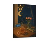 ZLXZPL Poster da parete per ufficio, stampa artistica su tela, poster con scritta "Cozy Night Tea - Time by Windows", 40 x 60 cm, con cornice