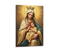 ZLXZPL Poster su tela artistica da parete per ufficio, icona religiosa, madonna, bambino, aureola dorata, 60 x 90 cm, con cornice