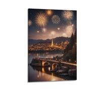 ZLXZPL Stampa artistica da parete su tela, paesaggio realistico con scena notturna della città sul lago con fuochi d'artificio, stampe artistiche da parete per soggiorno e famiglia, opera d'arte