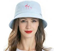 ZLYC - Cappello alla pescatora in cotone, unisex, ricamato, ripiegabile, da spiaggia, estivo, da viaggio e per gli spostamenti quotidiani, Fenicottero blu., Taglia unica