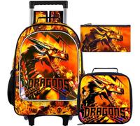 ZLYERT 3PCS Rolling Zaino per Ragazzi, Dinosauro Roller School Bag con Ruote per Bambini, Borsa a rotelle con Lunch Box per Bambini - Nero