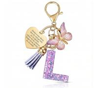 ZMaglorian Portachiavi Lettera L in Resina Glitterata, per Ragazze 8-14 Anni e Donne, con Farfalla Viola e Nappina, Regalo Ispiratore per Compleanno - Amica, Sorella, Mamma, Collega