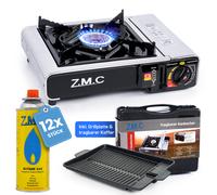 ZMC Acciaio Inox Fornello Campeggio 1 Fiammante a Gas,Griglia + 12x Cartucce di