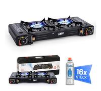 ZMC - Fornello a gas da campeggio, a 2 luci, con 16 cartucce a gas da 227 g, 2,5 KW, con adattatore per connettore GPL + valigetta di immagazzinaggio, per esterni e interni