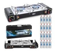 ZMC - Fornello a gas da campeggio, a 2 luci, con adattatore per connettore GPL + 16 cartucce di gas da 227 g, fornello da campeggio con accensione piezoelettrica per esterni e interni