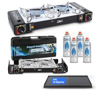 ZMC - Fornello a gas da campeggio, a 2 luci, con adattatore per connettore LPG + piastra 45 x 24 cm + 4 cartucce a gas da 227 g, fornello da campeggio con accensione piezoelettrica per esterni