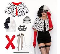 ZMCVOE 7 pezzi costume da cruella da donna, costume da cruella deville con parrucca nera e bianca, guanti, collana, cappuccio e maschera in pizzo, calze a rete, accessori CruellA per cosplay