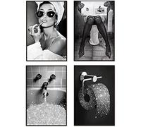 ZMDFXE Set di immagini per il bagno, 4 pezzi, stampa su tela in bianco e nero, moderna, alla moda, da donna, divertente, poster artistico da parete per bagno, senza cornice (20 x 30 cm x 4)