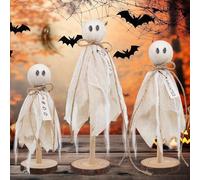ZMdooreasy Set di decorazioni per Halloween, rustico, base in legno, figure Gh-ost con etichette vintage per interni e feste in casa, 3 misure, bianco