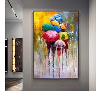 ZMFBHFBH Dipinto ad olio su tela Persone con ombrelli sotto la pioggia Quadri incorniciati per la decorazione della casa dell'hotel 80x120cm (32x47in) con cornice
