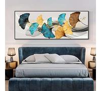 ZMFBHFBH Quadro moderno da parete per soggiorno Foglie di ginkgo giallo e blu Tela pittura astratta Poster e stampe Decor 50x150cm (20x59in) con cornice